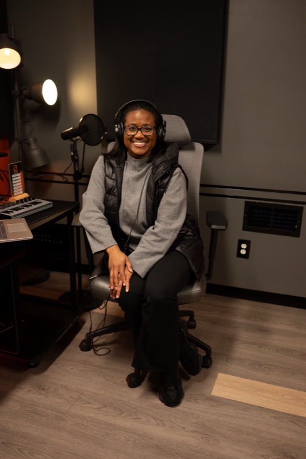 Tiffany Carey Jones recording the Moms Who Pause podcast in studio